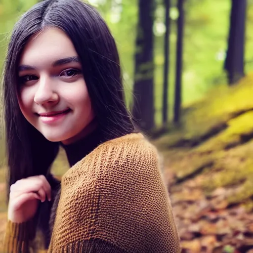 Image similar to real life photo of a beautiful girl, full body photoshoot, long black hair, brown eyes, full round face, short smile, brown sweater, forest setting, cinematic lightning, medium shot, mid - shot, highly detailed, trending on artstation, unreal engine 4 k, 8 0 mm, 8 5 mm, cinematic wallpaper