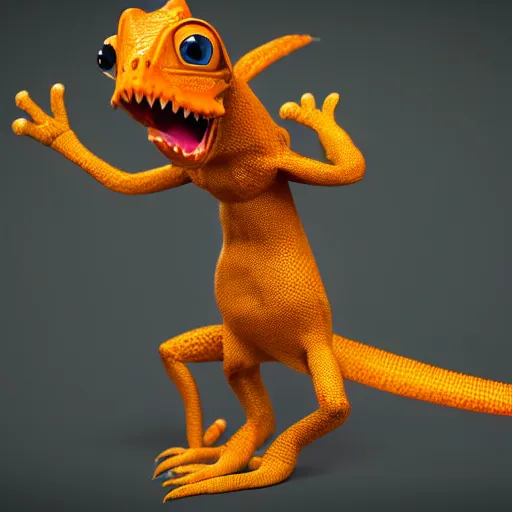 Prompt: anthropomorphic cartoon lizard wearing a scarf standing on two legs , character design, concept art, cute and friendly eyes, anime style. Vray rendering. Unreal engine.