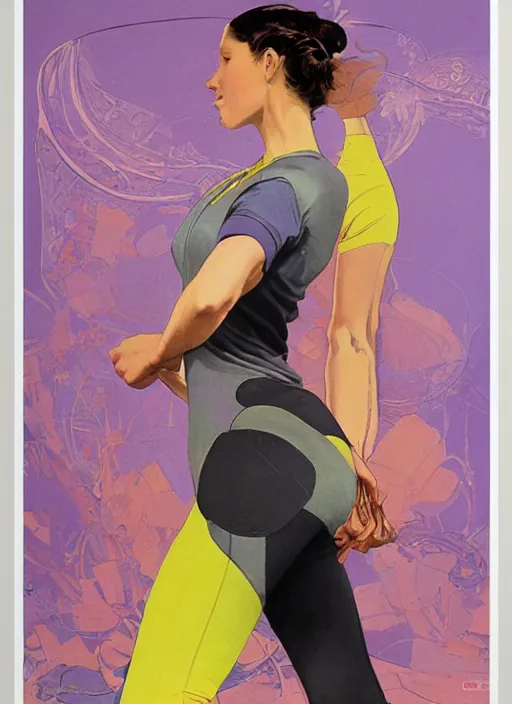 Image similar to an art nouveau copic maker poster of a girl wearing yoga clothing designed by balenciaga by john berkey and norman rockwell