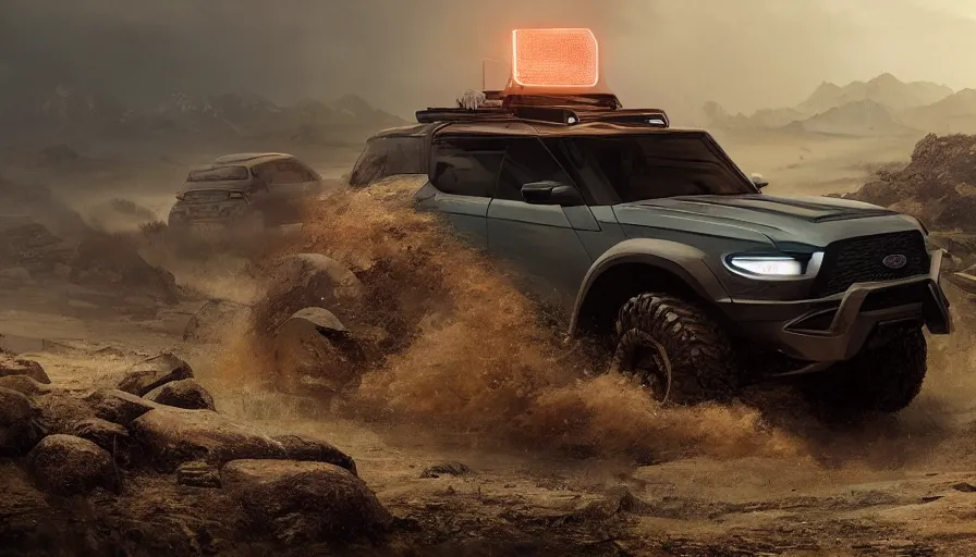 Prompt: an offroad concept suv designed by ram and ford, kingsman, artstation, an epic fantasy, cinematic lighting, hyper realistic, photographic, sharp focus, by greg rutkowski and wolp