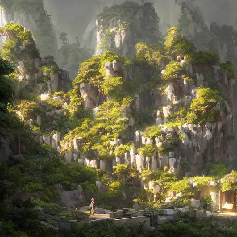 Prompt: secret overwatch living quarters carved inside a mountain surrounding a lush garden, trimmed, magical, natural light, fantasy, minimalist architecture, sharp focus, concept art, by greg rutkowski and craig mullins, atmospheric, octane render