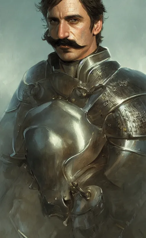 Prompt: Portrait of a middle aged Knight with a moustache, male, detailed face, fantasy, highly detailed, cinematic lighting, digital art painting by greg rutkowski