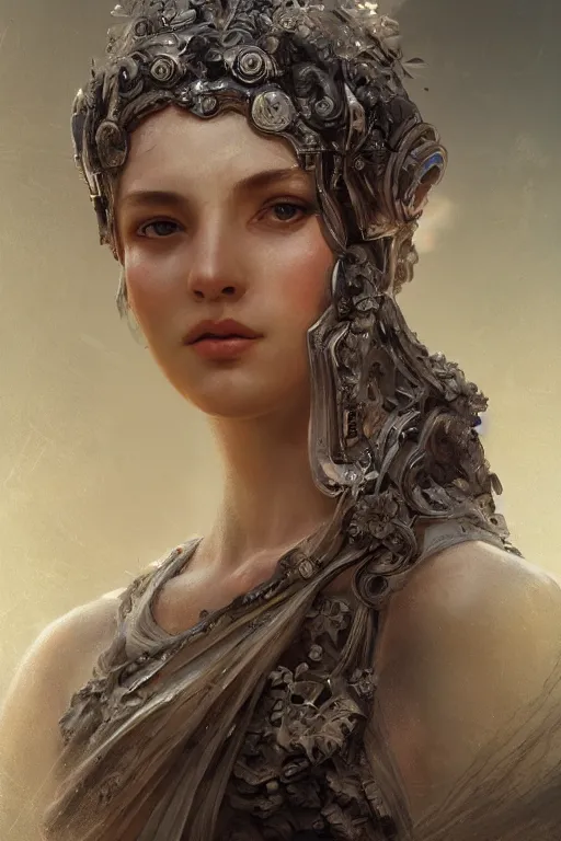 Image similar to greek goddess of ai art, close - up portrait, powerfull, intricate, elegant, volumetric lighting, scenery, digital painting, highly detailed, artstation, sharp focus, illustration, concept art, ruan jia, steve mccurry