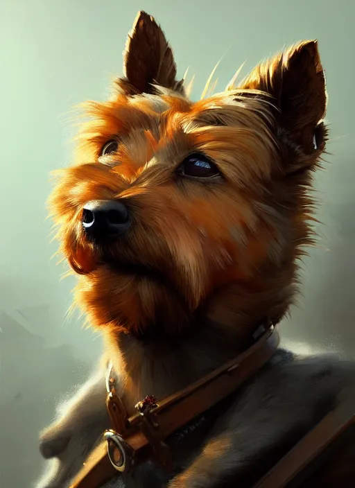 Image similar to norwich terrier in warriors clothing backround dark, highly detailed, digital illustration, trending in artstation, modern painting, smooth, sharp focus, intricate, by peter mohrbacher