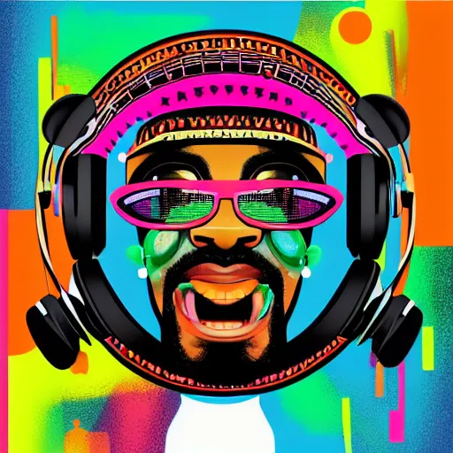 Image similar to svg sticker of a Dancing-Ben-Harper-Snoop-Spike-Lee-with-a-large-Afro-Puff, at a rave, spinning records, giant headphones rocking out, wearing headphones, huge speakers, dancing, rave, DJ, spinning records, digital art, amazing composition, rule-of-thirds, award-winning, trending on artstation, featured on deviantart