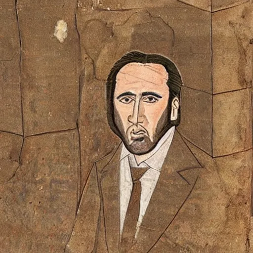 Prompt: an ancient manuscript drawing of nicolas cage