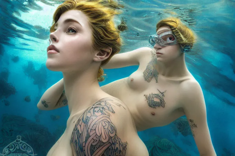 Image similar to underwater photography full body portrait of beautiful norwegian diver tattooed young hunter pincess swimming underwater, low angle, realistic, 4 k, high quality photography by terry o'neill intricate, elegant, highly detailed, smooth, sharp focus, by artgerm and greg rutkowski and alphonse mucha, 8 k