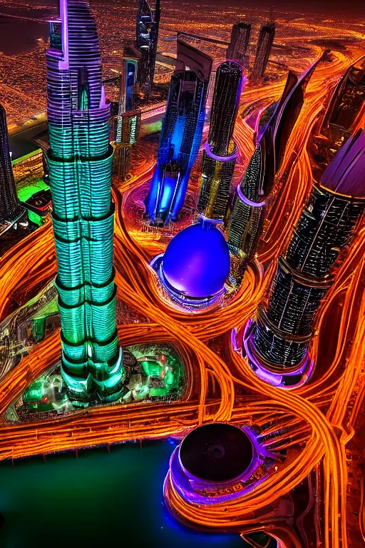 Image similar to neon streets of dubai burj khalifa, 4 k, award winning photo