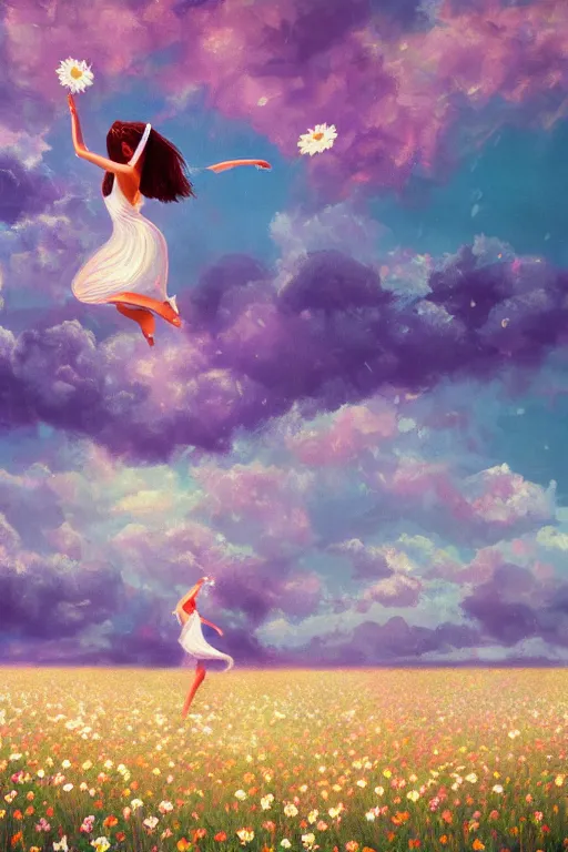 Image similar to exploding white daisy flower as head, girl dancing in a flower field, surreal photography, sunrise, dramatic light, impressionist painting, colorful clouds, digital painting, artstation, simon stalenhag