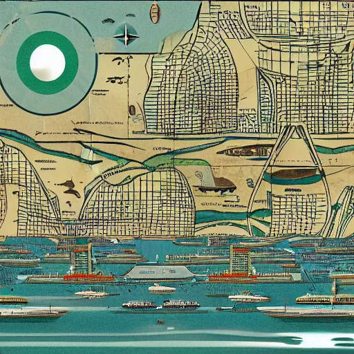 Prompt: a map of a technologically advanced city in a tropical island surrounded by water with a few ships stationed around it. architectural illustration, vienna secession