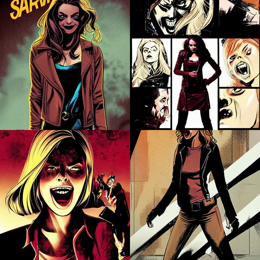 Image similar to in the style of Rafael Albuquerque comic art, Samara Weaving vampire, sharp teeth grin, sarcastic, brown leather jacket