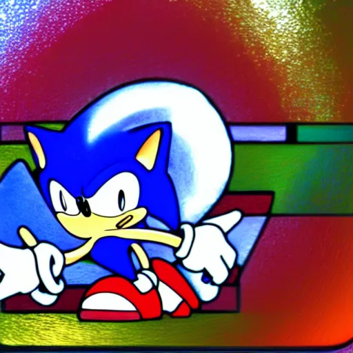 Prompt: Sonic the Hedgehog cult leader stained glass window 4k wallpaper