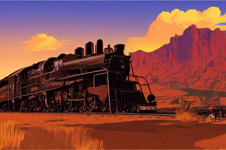 Prompt: idyllic old western train station illustration by syd mead, artstation, 4 k, graphic novel, concept art, matte painting, steam engine, beautiful mountain desert sunset background, golden hour