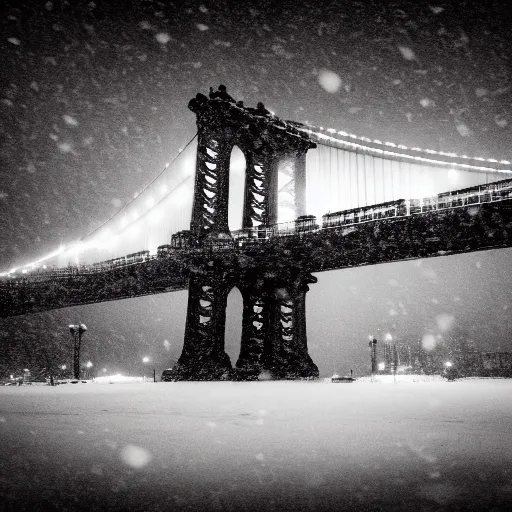 Prompt: photo of the manhattan bridge during a snow storm, aesthetically pleasing, color grading, grainy