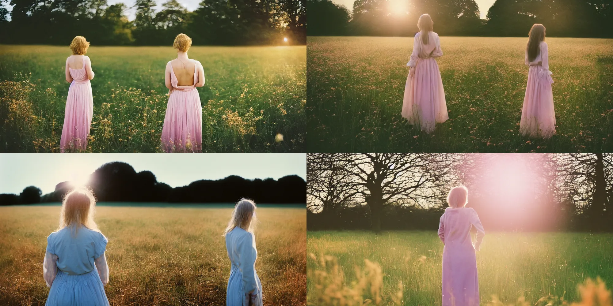 Prompt: photograph of a beautiful!!! woman! from the back standing in gardenhouse field by mark owen. scotland mood. pastel colors. kodak portra 4 0 0 film!!. whirl bokeh!. mamiya 7. highly detailed. hq. photoreal. golden hour. lens flare. faded film. in - frame