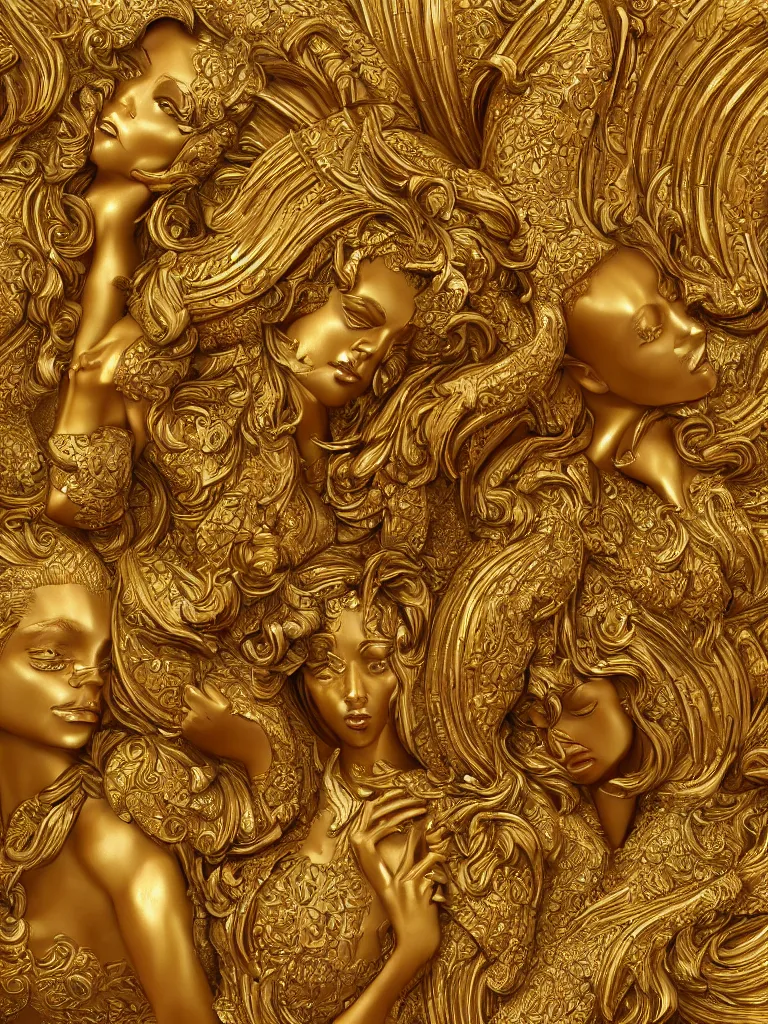 Prompt: relief sculpture carving in gold of beautiful women, hyperrealistic, ultrarealistic, intricate details, 4k, unreal 5, digital art