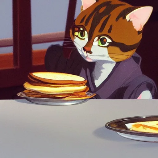 Prompt: concept art painting of a cat eating pancakes, realistic, detailed, cel shaded, in the style of makoto shinkai and greg rutkowski and james gurney