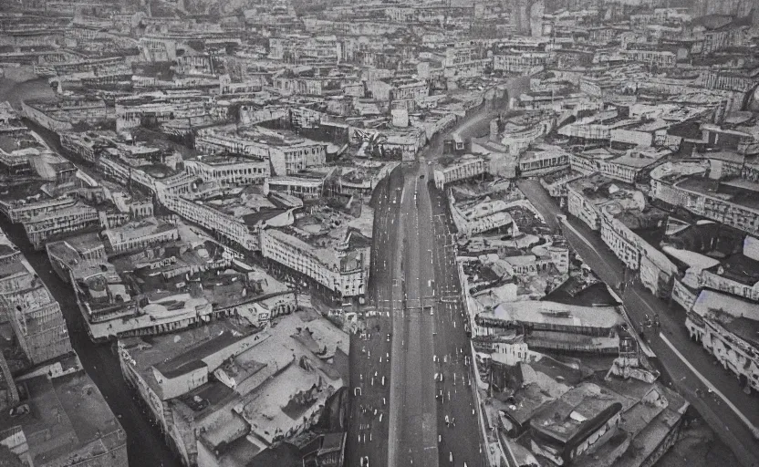 Image similar to 1990s aerial photograph historic footage of a sovietic streets with pedestrians, very large aerial view from a drone, aerial view Cinestill 800t 18mm, heavy grainy picture, very detailed, high quality, 4k panoramic, rain, mud, foggy