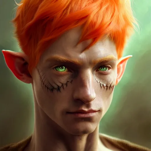 Image similar to portrait painting of an elven eladrin young man with short light orange hair and freckles and tribal tattoos on his cheekbones, ultra realistic, concept art, intricate details, eerie, highly detailed, photorealistic, octane render, 8 k, unreal engine. art by artgerm and greg rutkowski and charlie bowater and magali villeneuve and alphonse mucha