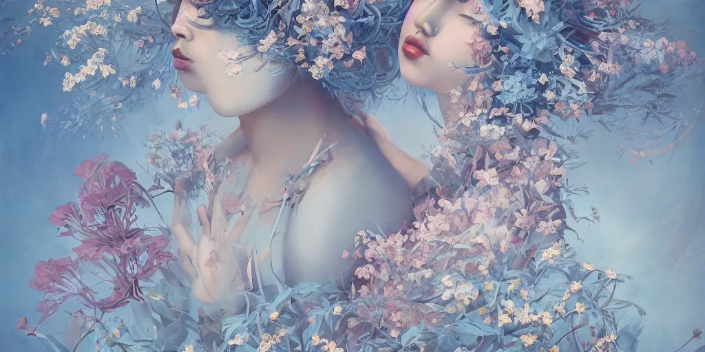 Image similar to breathtaking detailed concept art painting blend of two afroamerican goddess of light blue flowers by hsiao - ron cheng with anxious piercing eyes, vintage illustration pattern with bizarre compositions blend of flowers and fruits and birds by beto val and john james audubon, exquisite detail, extremely moody lighting, 8 k