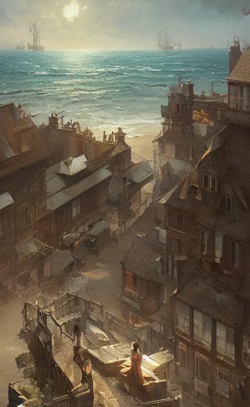 Image similar to Portrait of a victorian town with the ocean visible in the background, victorian, highly detailed, cinematic lighting, digital art painting by greg rutkowski