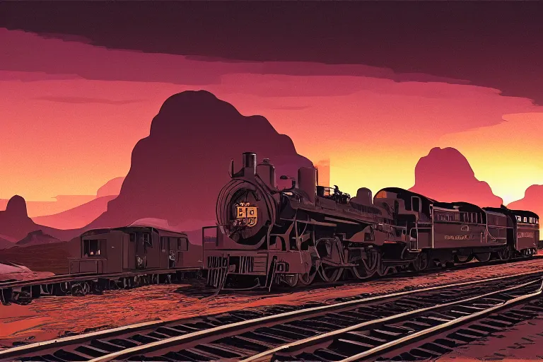 Image similar to idyllic old western train station illustration by syd mead, artstation, 4 k, graphic novel, concept art, matte painting, steam engine, beautiful mountain desert sunset background, golden hour