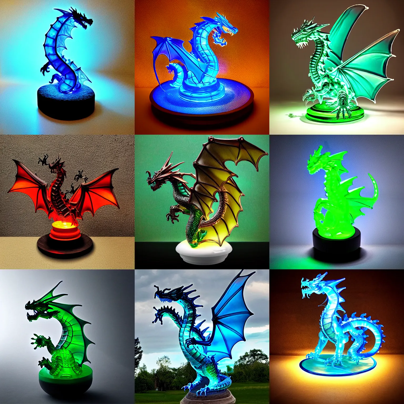 Prompt: “product photo of a translucent glass dragon statute made out of glass, backdrop solarpunk interior, ultra realistic, UHD ”