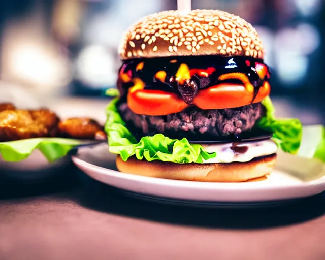 Image similar to dslr food photograph of burger with a few marshmallows in it, some chocolate sauce, 8 5 mm f 1. 4