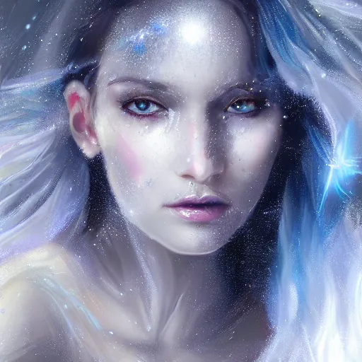 Image similar to masterpiece portrait of an aesthetic beautiful mage woman, ice spell, 3 0 years woman, soft thin face in the light, light eyes, black dynamic hair, wearing silver diadem with blue gems inlays, silver necklace, digital painting by wlop, atmospheric effects, chaotic blue sparks dynamics background, intricate, artstation, fantasy