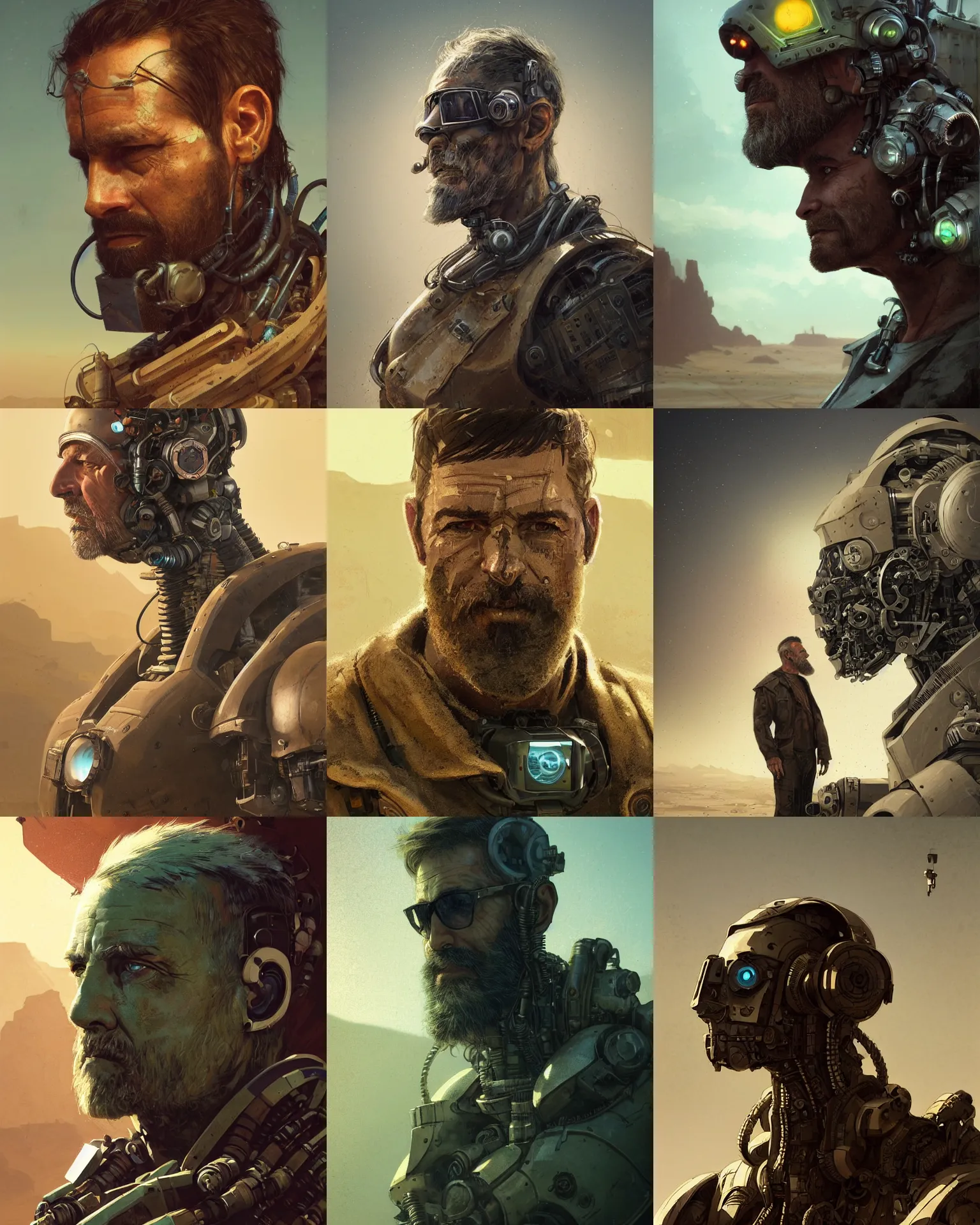 Prompt: a rugged middle aged engineer man with cybernetic enhancements and sidecut in the desert, scifi character portrait by greg rutkowski, esuthio, craig mullins, short beard, green eyes, 1 / 4 headshot, cinematic lighting, dystopian scifi gear, gloomy, profile picture, mechanical, half robot, implants, steampunk