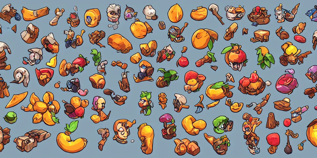 Prompt: game asset sheet, 2 d sprite, collectable prizes fruits and other trinket pop culture items material study