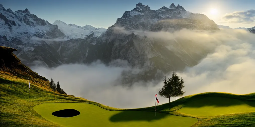 Image similar to a great photograph of the most amazing golf hole in the world, perfect light, over a cliff, in the swiss alps, high above treeline, ambient light, 5 0 mm, golf digest, top 1 0 0, fog