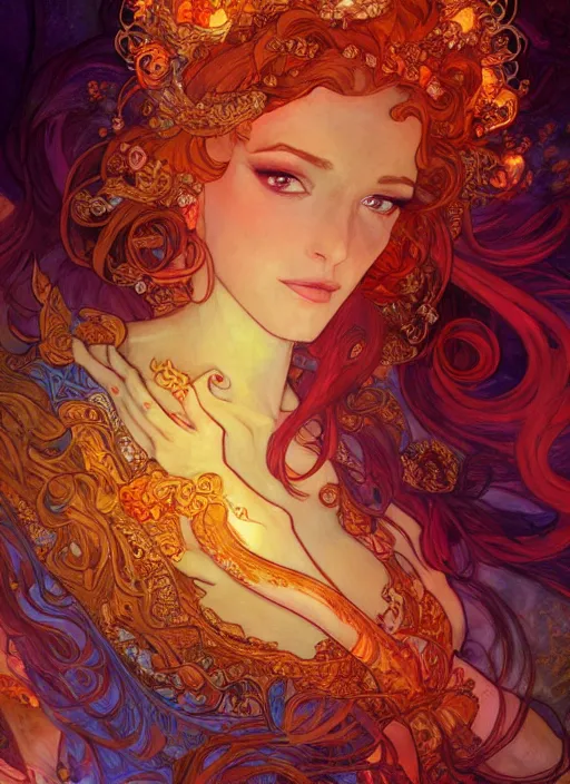 Image similar to Fire Goddess, ambient lighting, 4k, josephine wall, alphonse mucha, lois van baarle, ilya kuvshinov, rossdraws, artstation