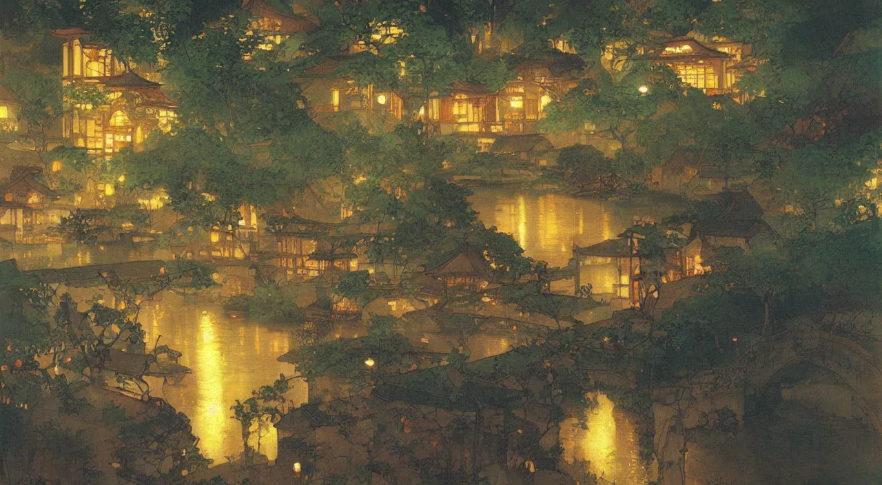 Prompt: A beautiful landscape painting of a small japanese village by a lake at night by Alfons Maria Mucha and Julie Dillon and Makoto Shinkai