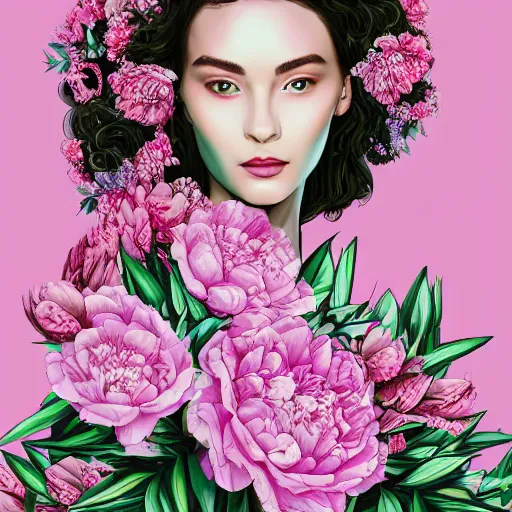 Image similar to highly detailed portrait of the most beautiful woman surrounded by peonies, vaporwave colors, smooth rendering