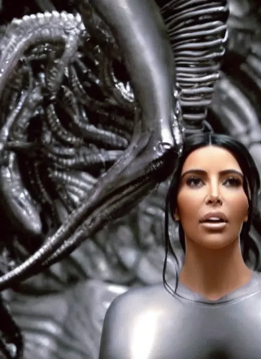 Image similar to movie still of kim kardashian looking up as she's being swallowed by an xenomorph, in the movie alien. goo, saliva, sweat, oily substances.