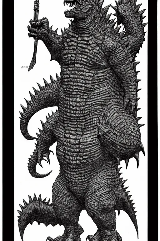 Prompt: godzilla as a d & d monster, full body, pen - and - ink illustration, etching, by russ nicholson, david a trampier, larry elmore, 1 9 8 1, hq scan, intricate details, inside stylized border