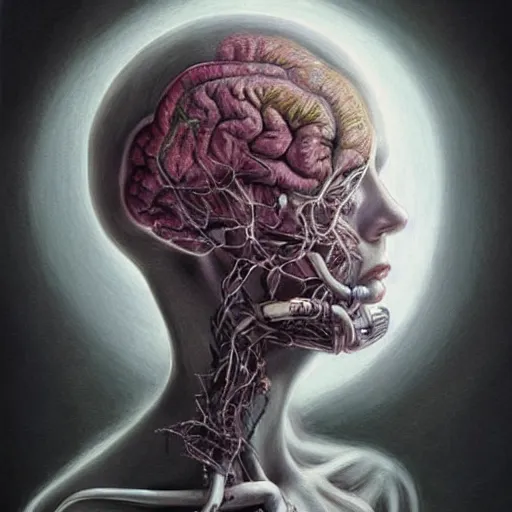 Prompt: Painting, Creative Design, Human brain, Biopunk, Body horror, by Marco Mazzoni