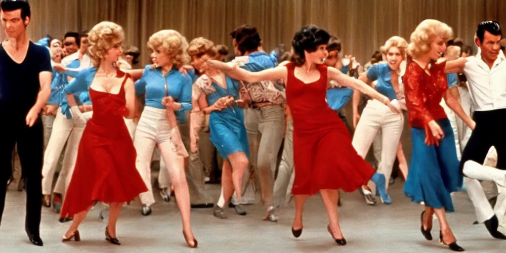 Prompt: Still of Grease (1976) featuring a tap dance by Fred Astaire and Ginger Rogers, cinematic, technicolor