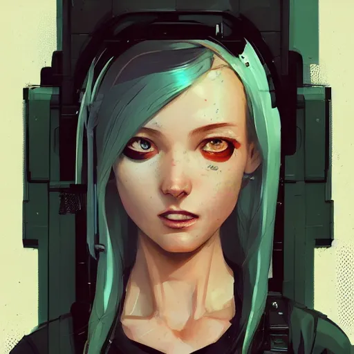 Prompt: Highly detailed portrait of a cyberpunk young lady with, freckles and (((blonde))) hair by Atey Ghailan, by Loish, by Bryan Lee O'Malley, by Cliff Chiang, by Greg Rutkowski, inspired by image comics, inspired by graphic novel cover art, inspired by nier!! Gradient color scheme ((grafitti tag brick wall background)), trending on artstation