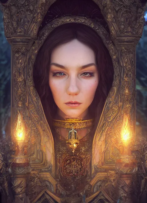 Image similar to Beautiful art portrait of a female fantasy priestess in a bright temple surrounded by lush forest, atmospheric lighting, intricate detail, cgsociety, hyperrealistic, octane render, RPG portrait, ambient light, dynamic lighting