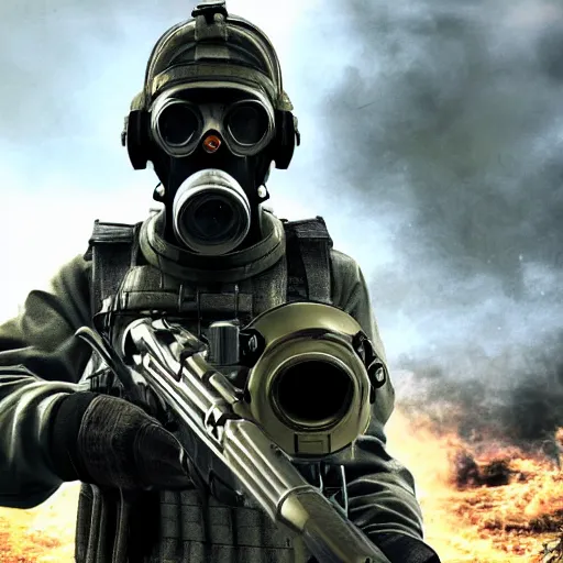 Image similar to Tactical soldier wearing gas mask and holding machine gun, call of duty, tactical, soldier, 8k, ultra hd, perfect light