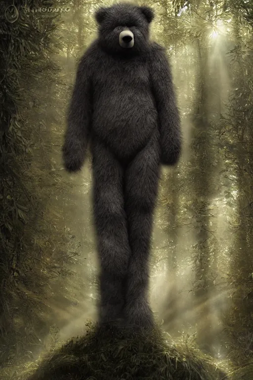 Image similar to mean fluffy teddybear wearing a Crysis Nanosuit in a forest with rays of light coming through the canopy, masterpiece, dystopian, sci-fi, extremely detailed, digital painting, sculpted in zbrush, artstation, concept art, smooth, sharp focus, illustration, chiaroscuro lighting, golden ratio, incredible art, artgerm, greg rutkowski, alphonse mucha, simon stalenhag, carravaggio