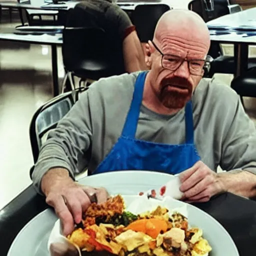 Prompt: Walter White with down syndrome eating lunch alone in the cafeteria