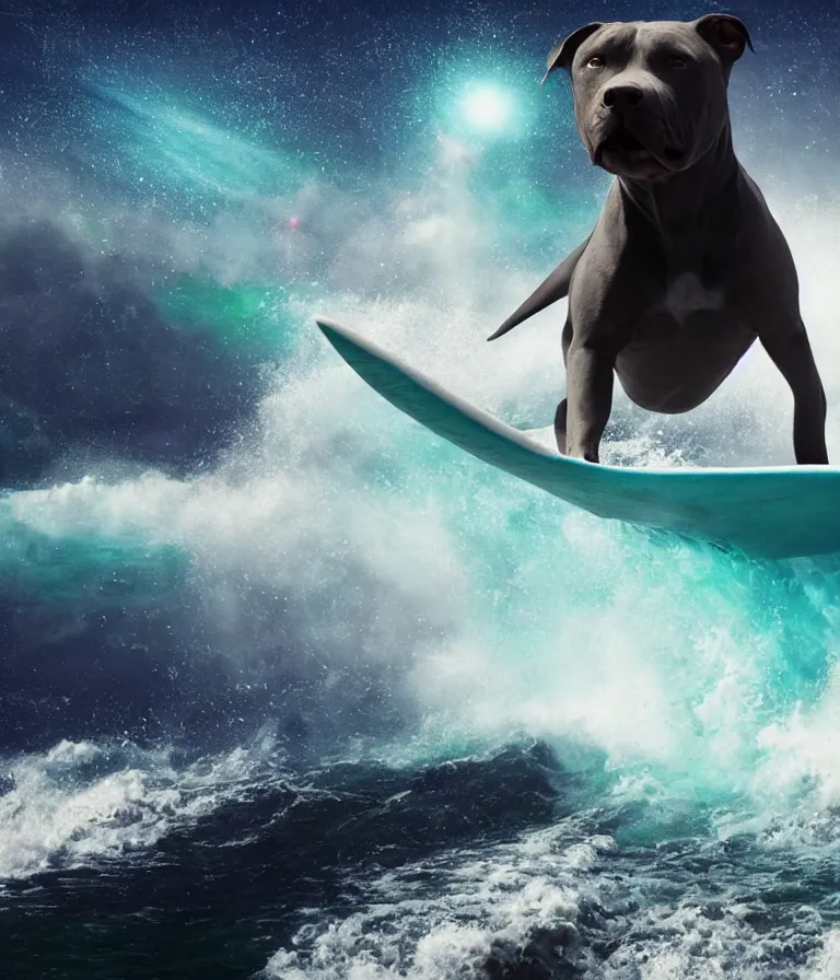 Image similar to photo of a dark gray coat pit bull with a white paws and a white nose!, surfing on a surfboard in a crashing wave of alien galaxy, trending on art station, ocean in space, background is an alien galaxy, aliens in the background, alien colors, octane render, unreal engine, wide view, 8 k, highly detailed