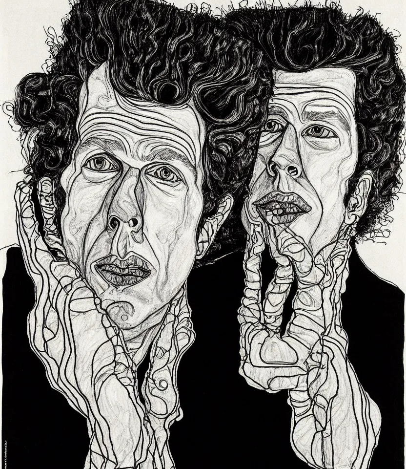Image similar to detailed line art portrait of tom waits, inspired by egon schiele. caricatural, minimalist, bold contour lines, musicality, soft twirls curls and curves, confident personality, raw emotion