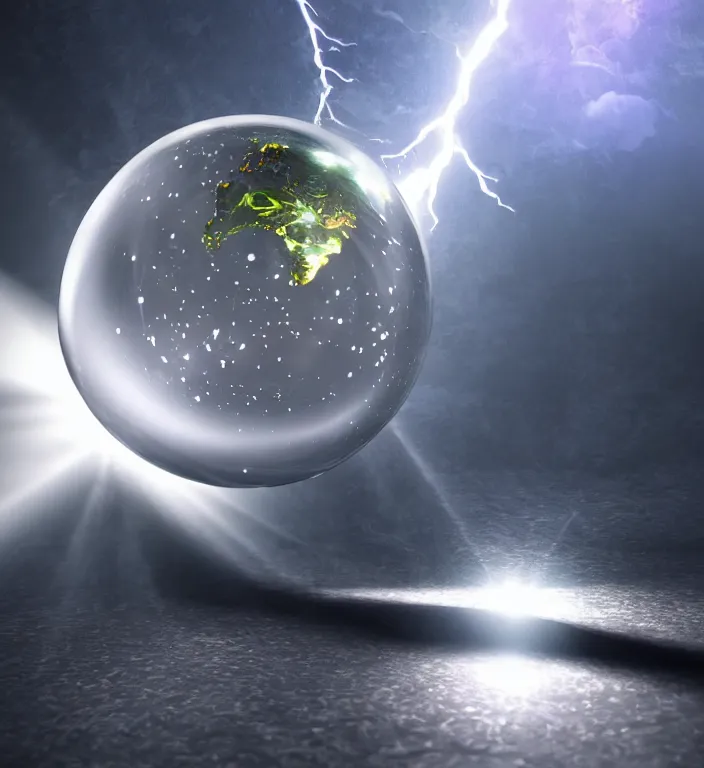 Image similar to an exquisite fantasy illustration of a faceted crystal ball in water + prism + god rays + dramatic lightning + backlit + specular highlights + ambient occlusion + global illumination + bump map + reflective + caustics + refractive + unreal engine 5 + DOF + sharp focus