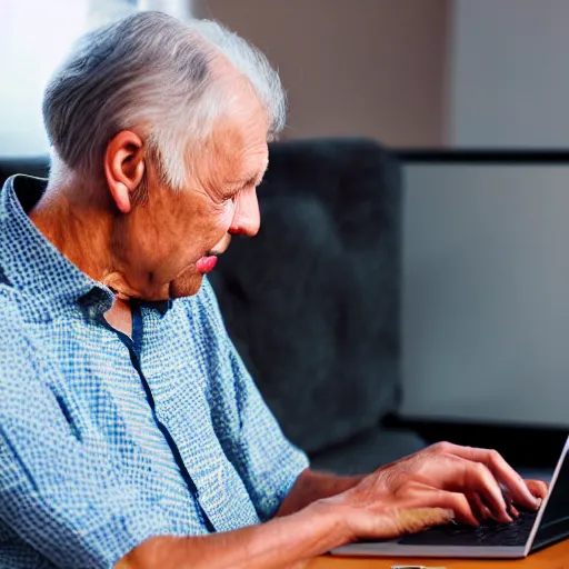 Prompt: coffin with elderly man who is browsing internet on laptop