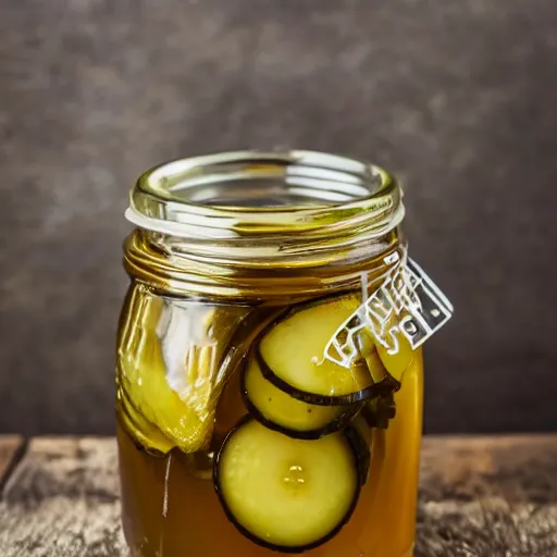 Image similar to a jar of honey with pickles inside, food photography, product image, honey pickles