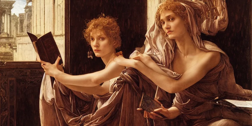 Prompt: masterpiece contrite conundrum, beautiful Helen of Troy/Diane Kruger reading an ancient tome, by Edgar Maxence and Caravaggio and Michael Whelan and Caravaggio artistic, intricate drawing, light brazen, realistic fantasy, extremely detailed and beautiful aesthetic face, establishing shot, 8k resolution, dramatic lighting